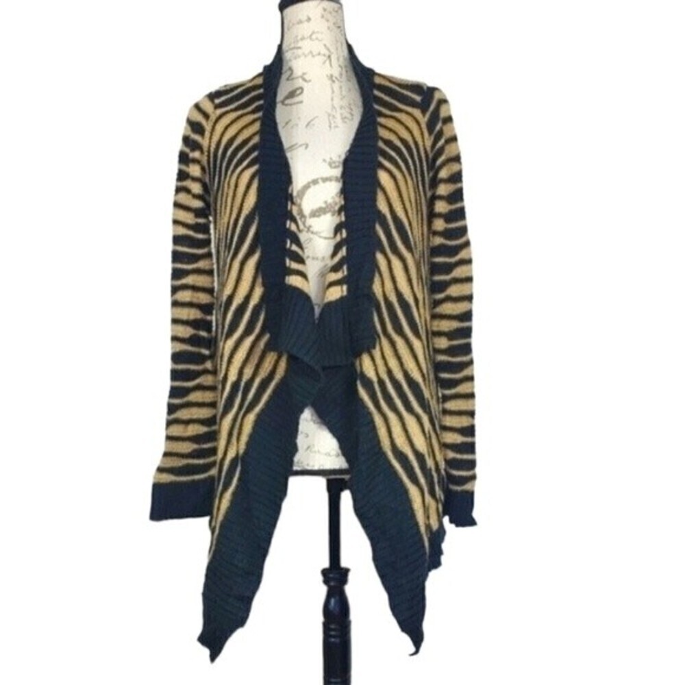Just Fab Sweater Open Front Waterfall Cardigan Knit Black Tan Striped Sz Medium
